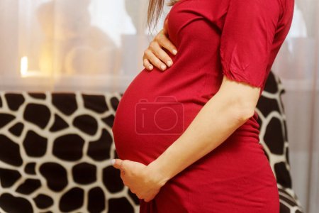 Foto de La mujer embarazada sostiene sus manos en su estómago. Tercer trimestre. Embarazo. Esperando un milagro. Maternidad - Imagen libre de derechos