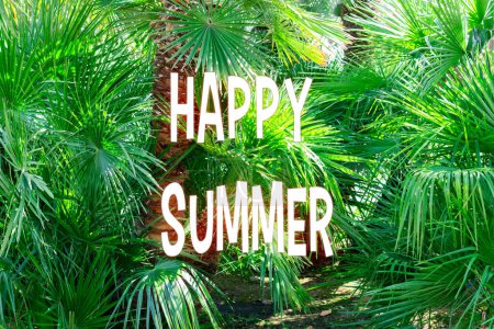 Photo for Happy Summer stand out in bold white letters amidst the verdant foliage, inviting warmth and seasonal excitement. - Royalty Free Image