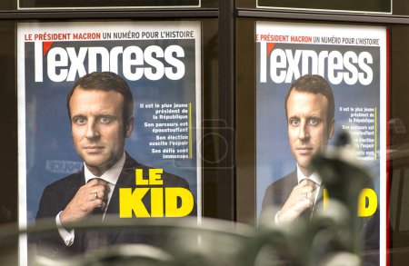 Photo for PARIS - MAY 08: Cover of a newspaper with portrait of Emmanuel Macron in Paris, May 08. 2017 in France. Emmanuel Macron is a French politician who has been serving as the president of France - Royalty Free Image