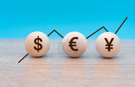 Three symbols of international currencies american dollar, euro and Japanese yen  and rate chart, business concept