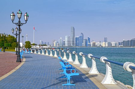 Waterfront view of Abu Dhabi with sea, skyscrapers from Corniche embankment