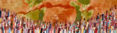 Many black skin African American men women children seniors  group raised hands on colored background copy space. Black history month concept banner poster. Racial equality.Mixed age range