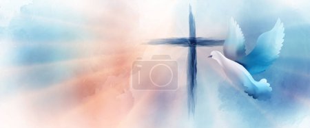 Photo for Dove with christian cross symbol. Crucifix. Easter. Sign of purity. Faith. Baptism. Holy Spirit. Evangelization. Resurrection. Banner copy space watercolor - Royalty Free Image