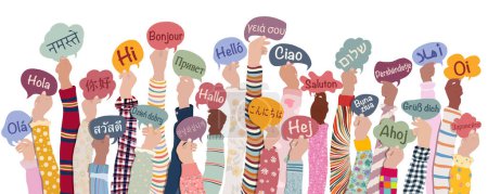 Muchas manos levantadas de niños y adolescentes diversos y multiculturales sosteniendo burbujas de habla con texto hallo- en varios idiomas internacionales. Niños de la diversidad. Igualdad racial. Amistad 
