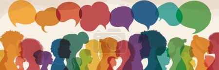 Speech bubble.Silhouette heads men and women in profile.Talking dialogue and inform.Communicate between a group of multicultural people who talk. Diversity people. Social network concept