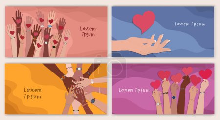 Illustration for Banner with group of volunteer diversity people. Editable poster template. Hand up holding a heart in their hand. Charity solidarity donation. NGO. Community. Hands in a circle. Web page - Royalty Free Image