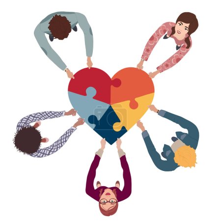 Illustration for Group of people in circle top view multicultural volunteers holding a heart with puzzle pieces. NGO. Aid. Community of friends or volunteers for help or social assistance. Teamwork - Royalty Free Image
