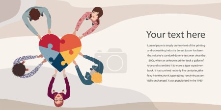 Illustration for Banner - Template Group of people in circle top view multicultural volunteers holding a heart with puzzle pieces.NGO.Aid.Community of friends or volunteers for help or social assistance - Royalty Free Image