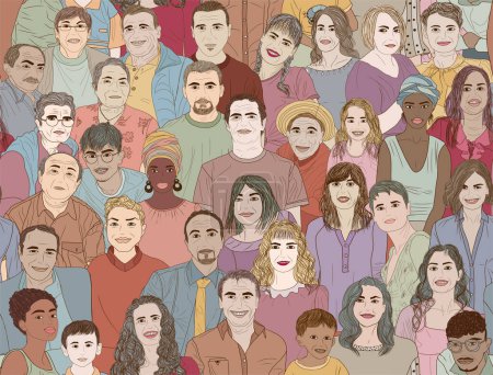 Illustration for Various group people diversity men women children teenagers elderly.Various people of different ages. Diverse cultures. Racial equality concept. Multicultural society. Allyship. Seamless - Royalty Free Image