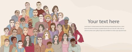 Illustration for Various people of different ages. Group people diversity men women children teenagers senior. Diverse cultures. Racial equality concept. Multicultural crowd. Allyship. Banner copy space - Royalty Free Image