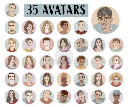 Illustration for Multicultural male and female People avatars. Modern set hand draw Cartoon Character doodle style avatar icons. Illustrations for social media user portrait profile  website or app - Royalty Free Image