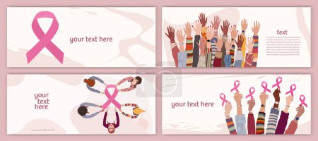 Ilustración de Breast cancer awareness concept. Group of different culture female hands holding a pink ribbon.Template.Solidarity and support for women fighting breast cancer.Prevention.Cancer survivor - Imagen libre de derechos