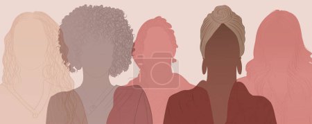 Communication group of multicultural diversity women and girls - face silhouette. Female social network community of diverse culture. Racial equality. Women day. Colleagues. Empowerment