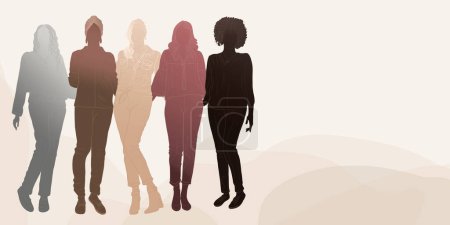 Front view group of multiethnic women and girls embracing each other. Women day. Female social network community of diverse culture. Equality.Colleagues.Empowerment. Banner copy space