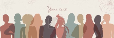 Illustration for Group of multicultural diversity women and girls - face front view silhouette. Womens day. Female social community of diverse culture. Racial equality. Colleagues. Empowerment or inclusion - Royalty Free Image