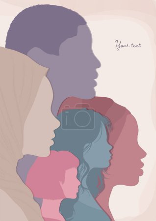 Silhouette profile group of multicultural women. International Womens day. Female social community of diverse culture. Colleagues.Racial equality. Empowerment.Feminism. Poster copy space