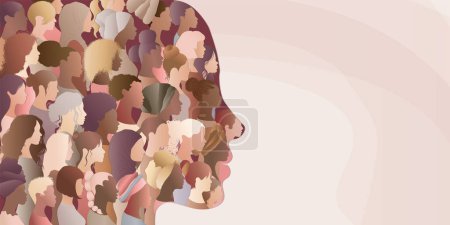 Illustration for Woman face silhouette in profile with group of multicultural and multiethnic women faces inside.Racial equality anti-racism concept. Woman who gives voice to other group women.Inclusive - Royalty Free Image