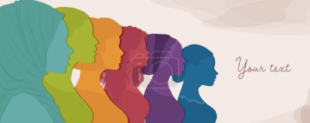 Silhouette profile group of multicultural women. International Women s day. Female social community of diverse culture. Colleagues. Racial equality. Banner poster copy space. Empowerment