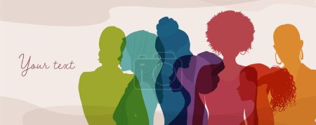 Silhouette group of multicultural women. Female social community of diverse culture. International Women s day. Colleagues. Racial equality.Banner poster copy space.Empowerment.Inclusive