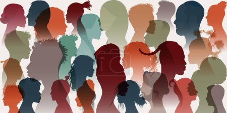 Illustration for Crowd. Silhouette side group of men women girl of diverse cultures. Diversity multi-ethnic people. Racial equality and anti-racism. Multicultural and multiracial society. Allyship. Race - Royalty Free Image