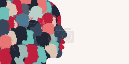 Illustration for Silhouette profile group of men and women of diverse culture. Diversity multi-ethnic and multiracial people. Concept of racial equality and anti-racism. Multicultural. Banner copy space - Royalty Free Image