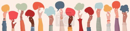 Illustration for Group Raised arms of diversity multi-ethnic multicultural people holding speech bubble in hand. Diverse people talking  chatting and sharing information on social networks. Racial equality - Royalty Free Image