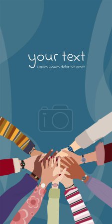 Illustration for Group hands on top of each other of diverse multi-ethnic and multicultural people.Diversity people. Racial equality. Concept of teamwork community and cooperation. Diverse culture. Banner - Royalty Free Image