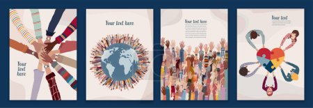 Illustration for Volunteer people group concept flyer brochure poster editable template.Multicultural people with raised hands. People diversity holding heart.Hands in a circle. Solidarity.NGO Aid concept - Royalty Free Image
