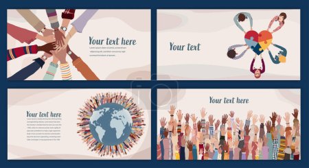 Illustration for Volunteer people group concept landing page poster editable template. Multicultural people with raised hands. People diversity holding heart.Hands in a circle. Solidarity. NGO Aid concept - Royalty Free Image