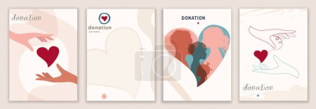 Illustration for Vector set abstract backgrounds banner covers design editable templates. Concept of donation and nonprofits association. Hand that receives and hand that gives a heart. Silhouette people - Royalty Free Image
