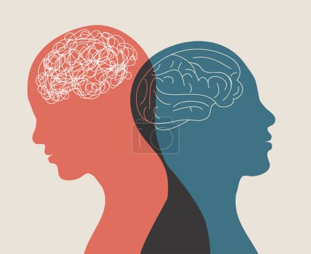 Illustration for Metaphor bipolar disorder mind mental. Double face. Split personality. Concept mood disorder. 2 Head silhouette.Psychology. Mental health. Dual personality concept. Tangle and untangle - Royalty Free Image