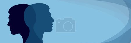 Illustration for Metaphor bipolar disorder mind mental. Double face. Split personality. Concept mood disorder. 2 Head silhouette.Psychology. Dual personality concept. Mental health. Psychiatry. Banner - Royalty Free Image