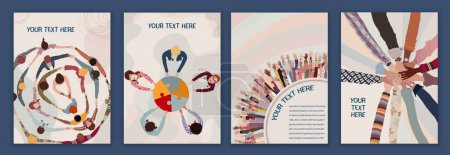 Illustration for Volunteer people concept brochure leaflet poster editable template. Raised arms and hands up multicultural people. People diversity in a circle with hands on top of each other top view - Royalty Free Image