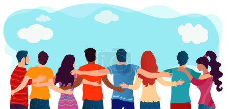 Illustration for People diversity.Group of multiethnic friends who are embraced and united. Cooperation friendship and organization.Communication and dialogue.Community.Teamwork.Social network.Students - Royalty Free Image