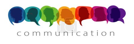 Illustration for Silhouette heads people in profile inside speech bubble talking and communicating. Communication text. Communicate and share ideas and information on social networks. Community concept - Royalty Free Image