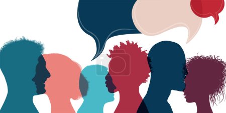 Silhouette führt Menschen im Profil. Diversity people.Speech Bubble.Talking Dialog und inform.Communicate Gruppe von multiethnischen Menschen, die reden und Ideen teilen. Community.Speak.Social