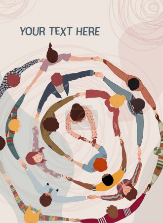 Illustration for Multicultural volunteer people in circle holding hands. Support and assistance. NGO. Aid. Solidarity charity and donation. Give and help. Poster banner template. No profit.People diversity - Royalty Free Image
