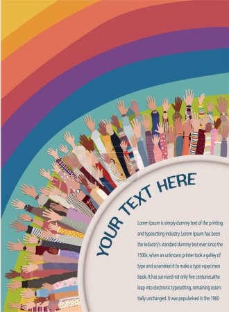 Illustration for Multicultural volunteer people with hands raised. Support and assistance. NGO. Aid. Solidarity charity and donation. Give and help. Non-profit. People diversity. Poster banner template - Royalty Free Image