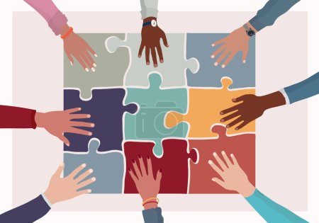 Illustration for Agreement or affair between a group of colleagues or co-workers.Hands joining puzzle pieces on a table.Diversity People Exchange of ideas. Concept of sharing and exchange.Community - Royalty Free Image