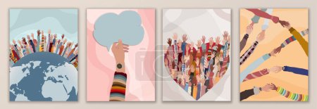 Illustration for Volunteer people group concept flyer brochure poster editable template.Multicultural people with hands raised around the earth. People diversity. Solidarity.NGO Aid concept. Heart shape - Royalty Free Image