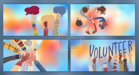 Illustration for Volunteer people group concept landing page banner editable template. Multicultural people with raised hands. People diversity holding text - volunteer- Hands in a circle. NGO Aid - Royalty Free Image