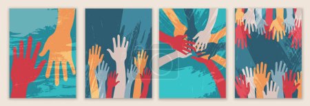 Illustration for Creative poster design with raised hands of volunteers. Recruitment volunteer. Non profit.Volunteerism.NGO Aid. Call for volunteers template.Background drawn with paint splash brushes - Royalty Free Image
