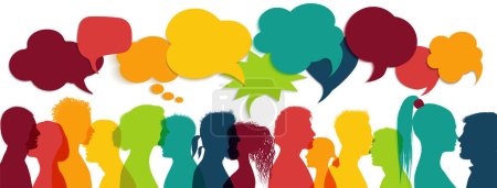 Illustration for Crowd talking. Group of multi-ethnic and multicultural people who speak. Communication between multiracial people. Colored profile silhouette. Communicate social networks. Speaking. Speech bubble - Royalty Free Image