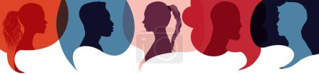 Illustration for Silhouette heads people in profile.Speech bubble.Diversity people.Talking dialogue and inform.Communicate group of multiethnic and multicultural people who talk and share ideas.speak - Royalty Free Image