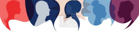 Illustration for Silhouette heads people in profile.Diversity people.Speech bubble.Talking dialogue and inform.Communicate group of multiethnic people who talk and share ideas.Community.Social.Speak - Royalty Free Image