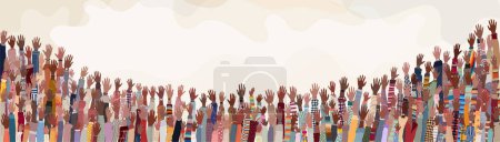 Illustration for Many black skin African American men women children seniors  group hand raised on colored background copy space. Black history month concept banner poster. Racial equality.Mixed age range - Royalty Free Image
