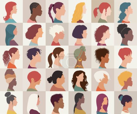 Illustration for Avatar set portrait collection group of multiethnic diversity women and girls isolated. Different nationalities Asian - African - American - caucasian - Arab female people.Profile headshot - Royalty Free Image