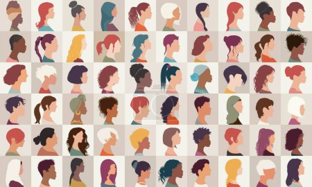 Ilustración de Conjunto de Avatar grupo de colección de retratos de mujeres y niñas de diversidad multiétnica aisladas.Asiático - Africano - Americano - caucásico - Mujeres árabes. - Imagen libre de derechos