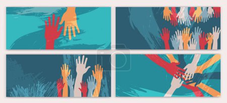 Illustration for Creative poster design with raised hands of volunteers. Recruitment volunteer. Volunteerism.NGO Aid. Non profit. Call for volunteers template.Background drawn with paint splash brushes - Royalty Free Image
