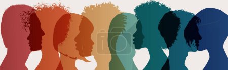 Illustration for Silhouette profile face group of men and women of diverse culture. People diversity. Racial equality anti-racism concept. Social inclusion.Gender equality.Multicultural society. Community - Royalty Free Image